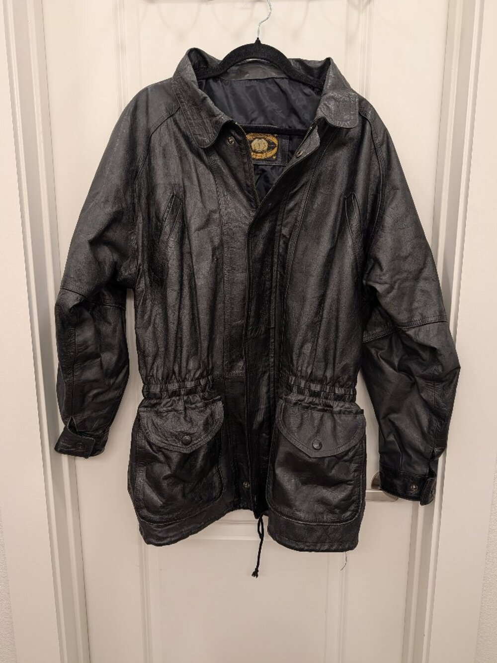 Vintage Creaciones Car-Cis Mens Black Leather Safari Utility Parka Jacket 42 L